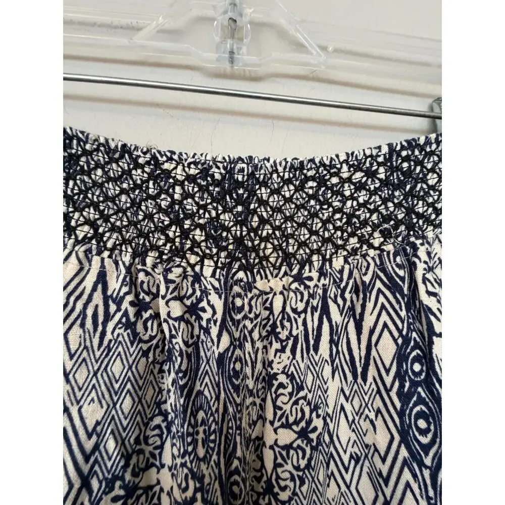 Casey Key 1X Blue White Boho Wide Leg Palazzo Pants Smocked Waist Coastal